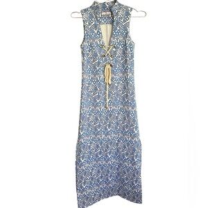 CK Bradley Blue White Patterned Sleeveless Maxi Dress with Rope Tie